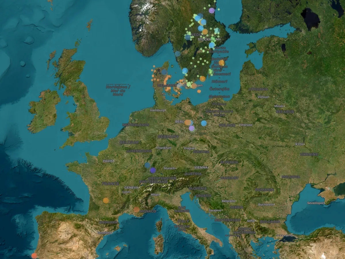 The Fungai Art Foraging Map in satellite view, with foraging nodes from Sweden and Denmark through Germany and France to Portugal